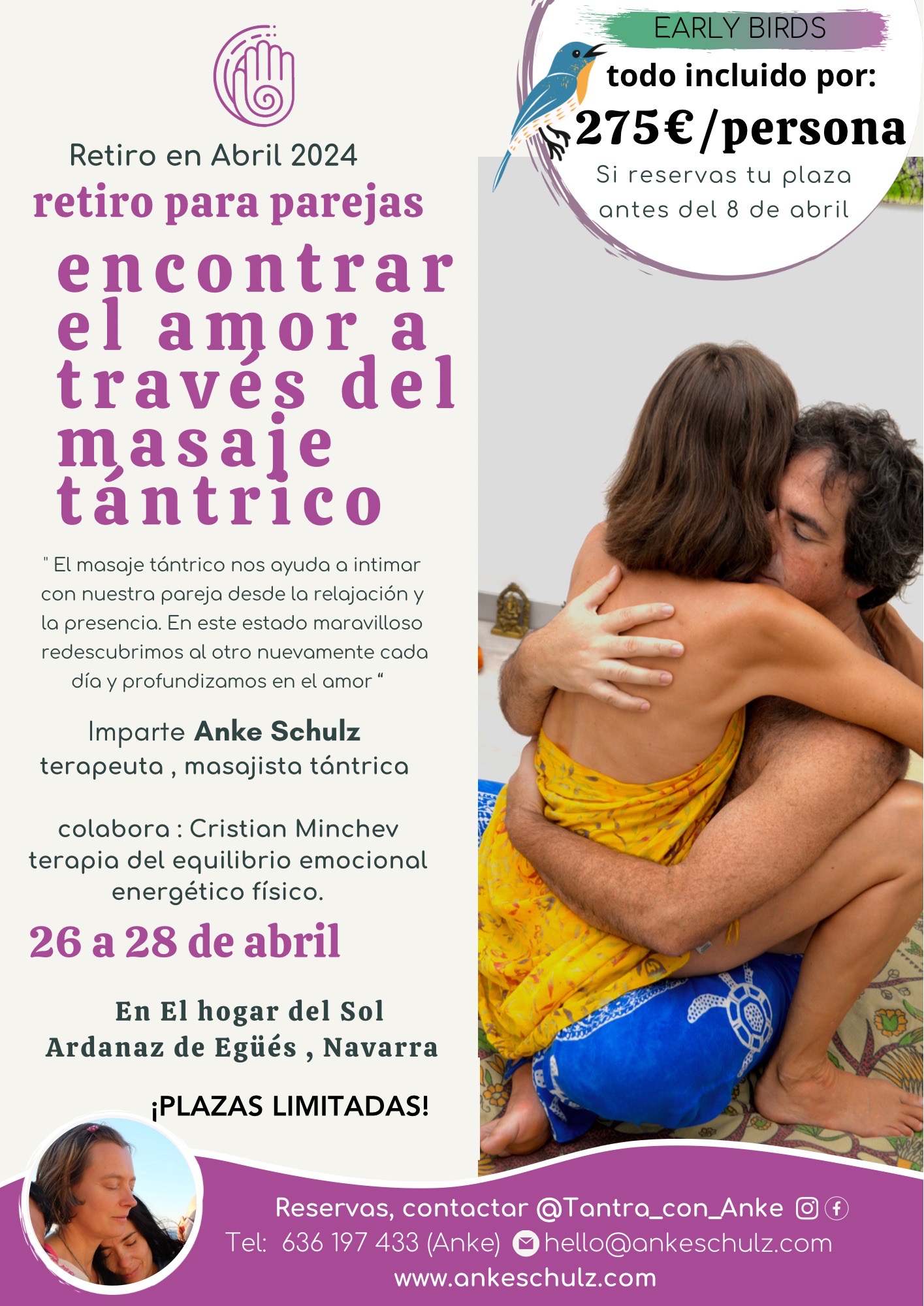 Retiro de tantra y masaje tántrico para parejas Anke Shulz. Abril en Pamplona